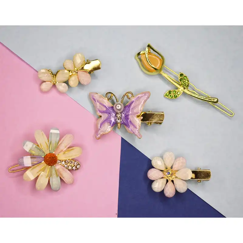 گیره مو زنانه مدل بابونه و پروانه و گل لاله بسته 5 عددی