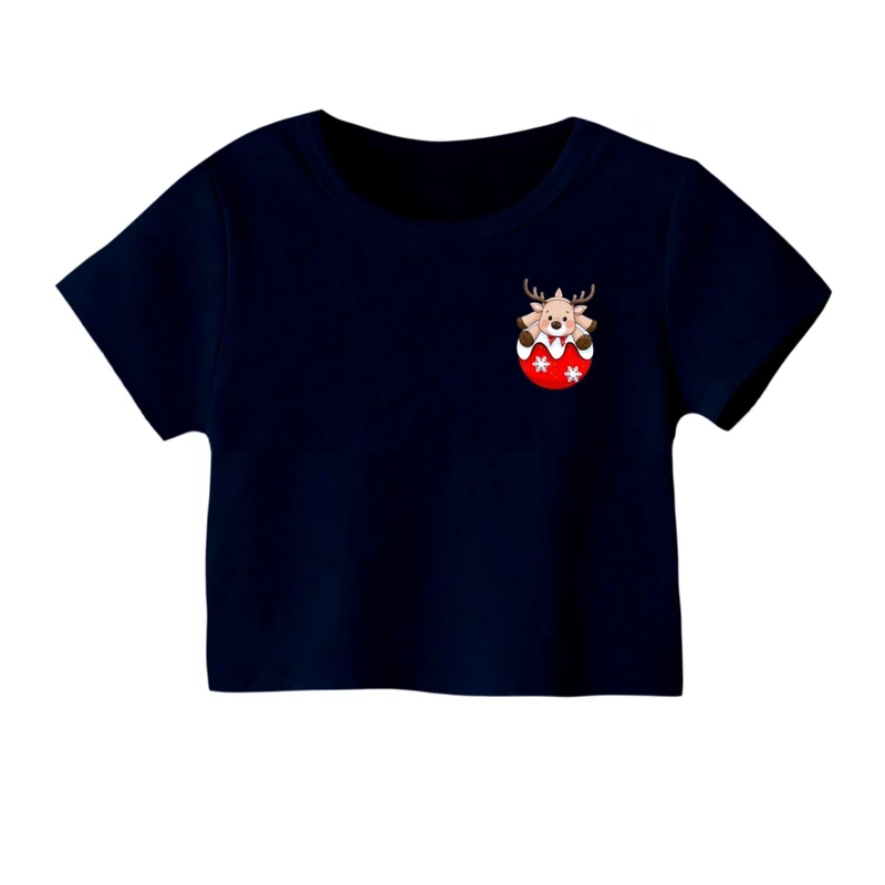 کراپ‌ تی‌شرت آستین کوتاه زنانه مدل گوزن کریسمس کد 4 رنگ سورمه ای