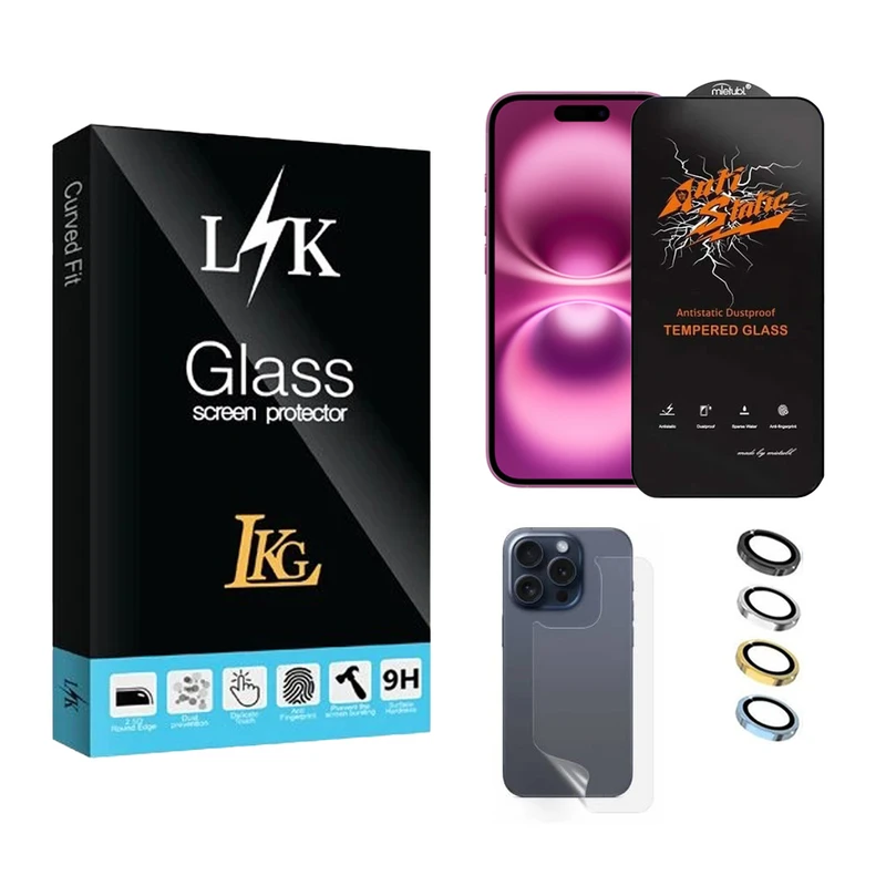 محافظ صفحه نمایش ال کا جی مدل انتی استاتیک مناسب برای گوشی موبایل اپل iPhone 16 Pro به همراه محافظ پشت گوشی و محافظ لنز