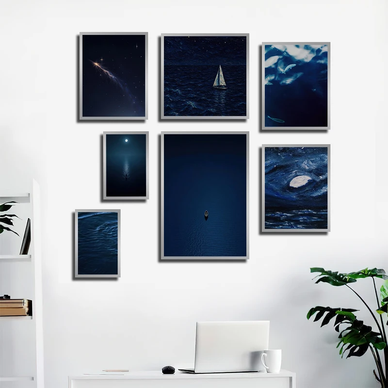 تابلو بکلیت طرح دریا و قایق و کهکشان مدل SI-3760 فریم نقره ای مجموعه 7 عددی