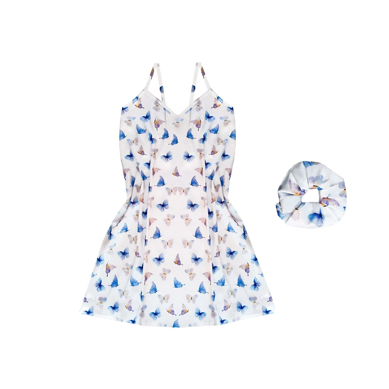 لباس خواب زنانه مدل ساتن ابریشم طرح پروانه کد 66401 به همراه اسکرانچی مو