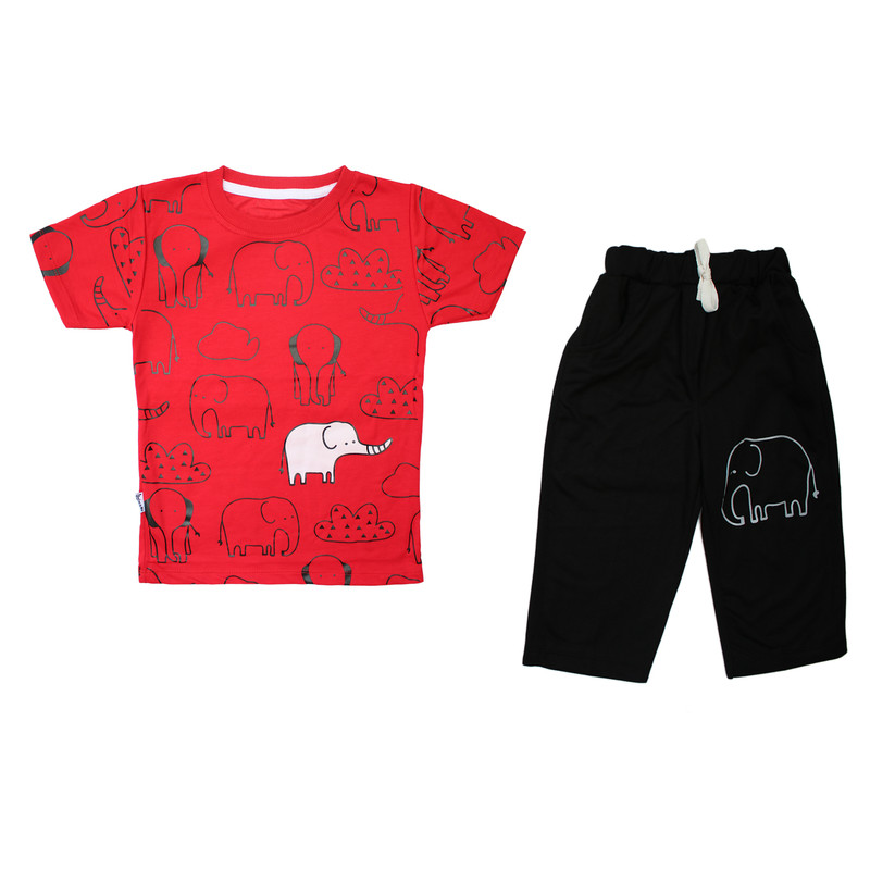 ست تی شرت و شلوارک بچگانه مدل فیل رنگ قرمز