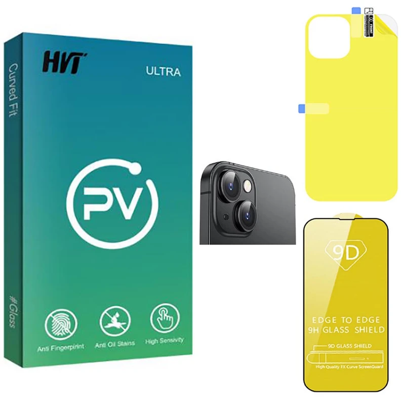 محافظ صفحه نمایش اچ وی تی مدل PV مناسب برای گوشی موبایل اپل iPhone 14 به همراه محافظ پشت گوشی و لنز دوربین