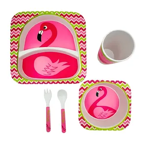 سرویس غذاخوری 5 تکه کودک مدل فیبر بامبو طرح فلامینگو