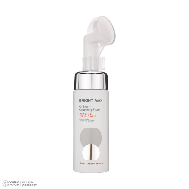فوم شستشو صورت برایت مکس، سازگار با انواع پوست، با خاصیت روشن کننده، مرطوب کننده، پاک کننده آلودگی و آرایش، ضد تیرگی و چین و چروک، بدون صابون و پارابن، دارای ویتامین سی، اسید فرولیک، درماوایت، عصاره آلوئه‌ورا، گلیسیرین، حجم 150 میلی‌لیتر، مدل ویتامین سی