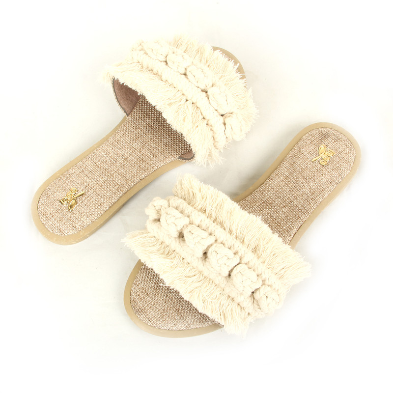 صندل زنانه مدل مکرومه رنگ شیری