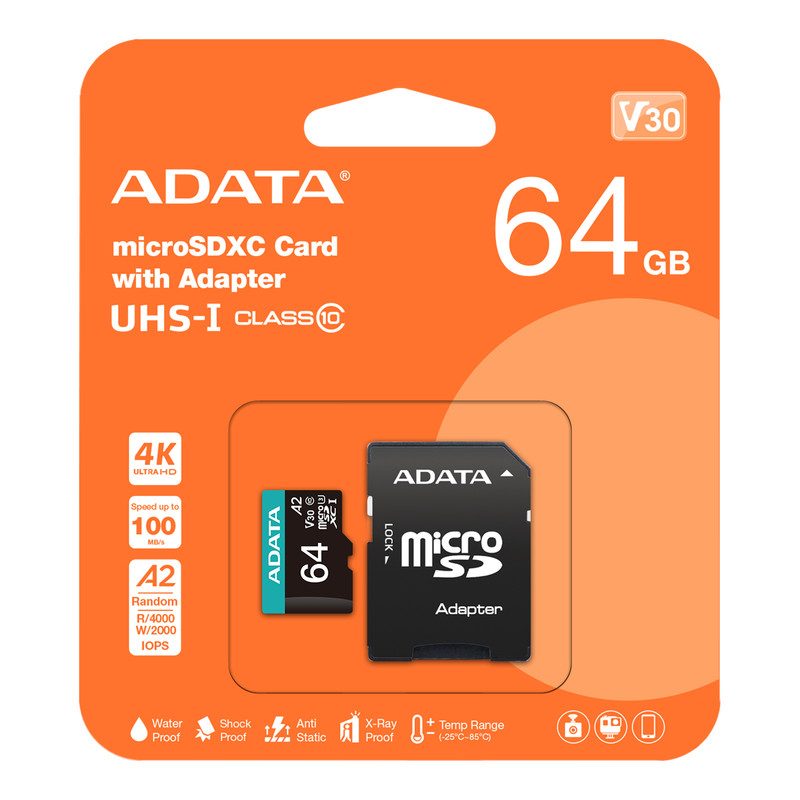 کارت حافظه MicroSDXC ای‌دیتا مدل Premier Pro کلاس 10 استاندارد UHS-I U3 سرعت 100MBps ظرفیت 64 گیگابایت همراه با آداپتور