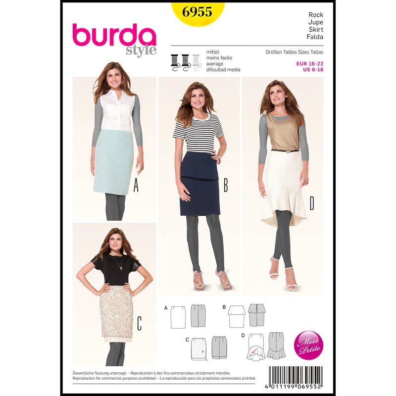 الگو خیاطی دامن زنانه بوردا استایل کد 6955 سایز 32 تا 44 متد مولر