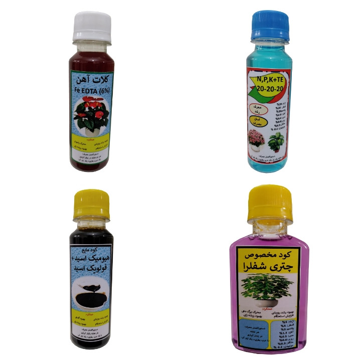 کود چتری شفلرا و سه بیست و هیومیک و آهن کد A04حجم 120 میلی لیتر بسته 4 عددی کود چتری شفلرا و سه بیست و هیومیک و آهن کد A04حجم 120 میلی لیتر بسته 4 عددی