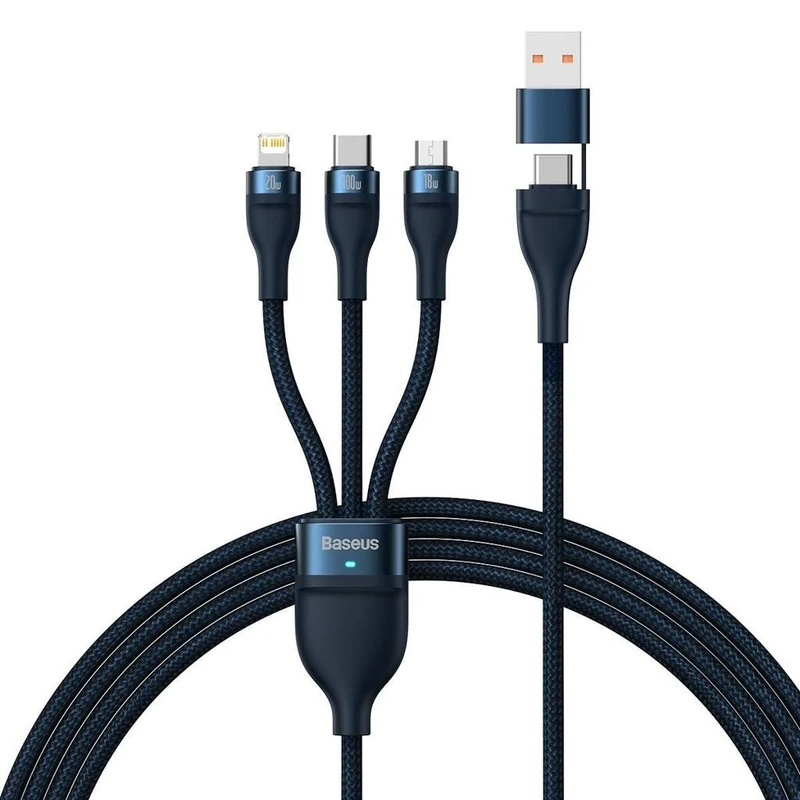 کابل تبدیل USB/USB-C به لایتنینگ/USB-C/micro-USB باسئوس مدل Flash Series 2-100W طول 1.2 متر