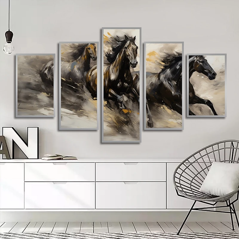 تابلو بکلیت طرح نقاشی اسب مدل شاین اکلیلی SI-2515 فریم نقره ای مجموعه 5 عددی