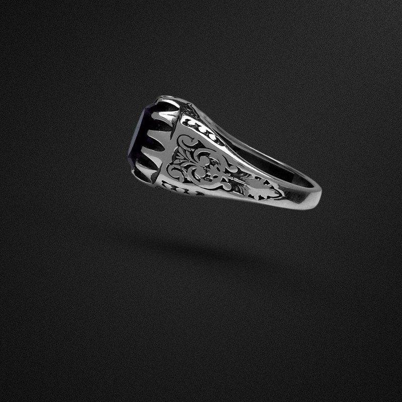 انگشتر نقره آمیتیست مردانه مدل دوازده‌چنگ