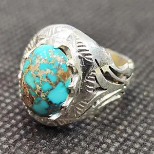 انگشتر نقره مردانه مدل سنگ فیروزه نیشابور کد 32