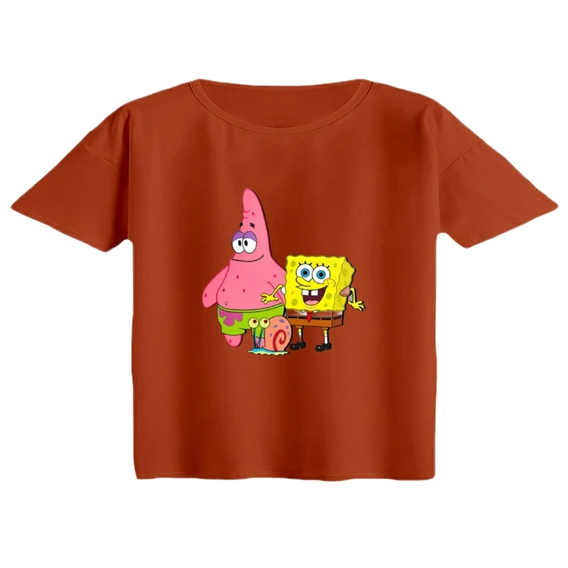 کراپ تی‌شرت آستین کوتاه زنانه مدل باب اسفنجی و پاتریک کد 2