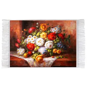 فرش ماشینی دیوارکوب اطلس آبی طرح نقاشی گل و میوه مدل T1104 