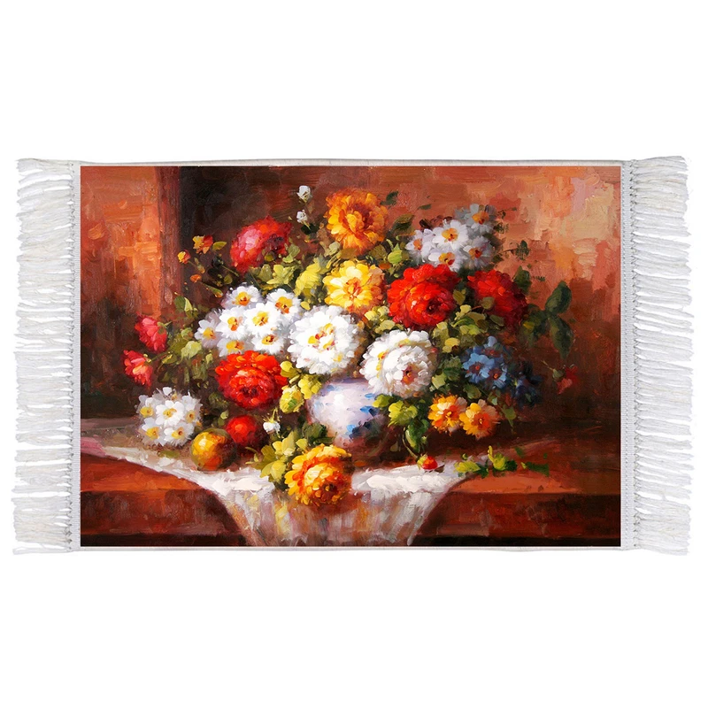 فرش ماشینی دیوارکوب اطلس آبی طرح نقاشی گل و میوه مدل T1104