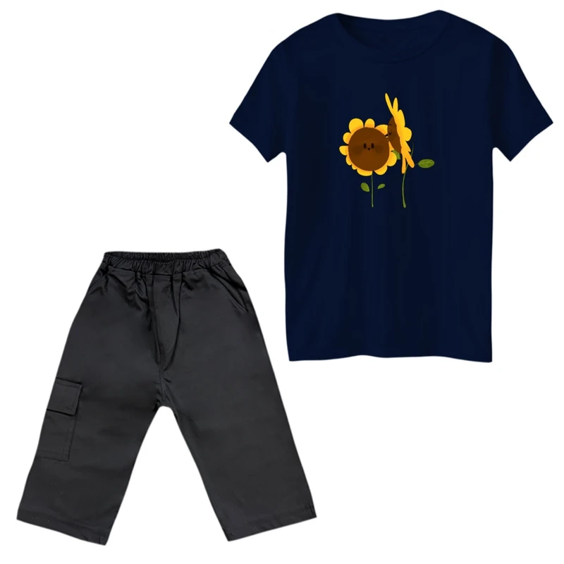 ست تی‌شرت و شلوارک دخترانه مدل دو آفتابگردون رنگ سرمه ای