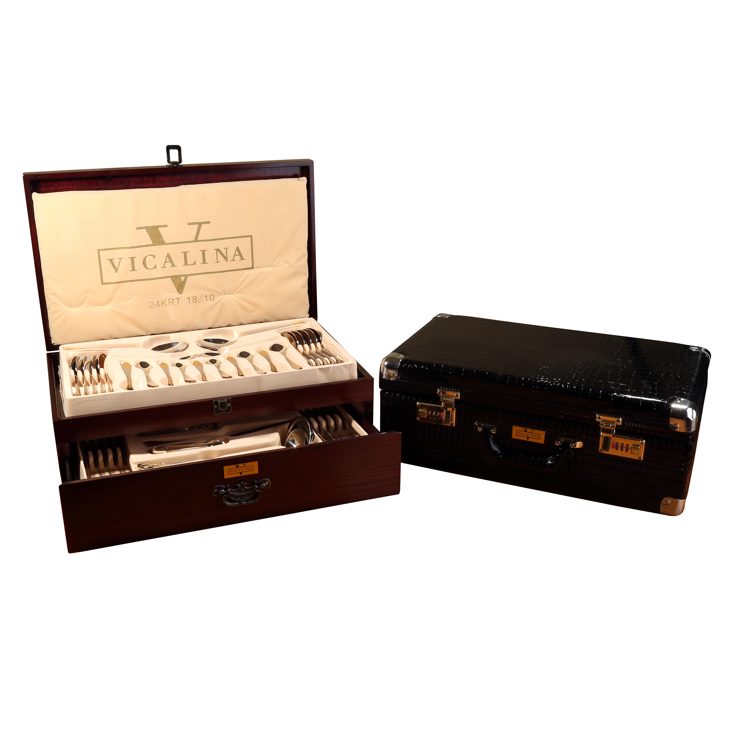 سرویس قاشق و چنگال 86 پارچه ویکالینا مدل V222 با کنسول چوبی کشویی