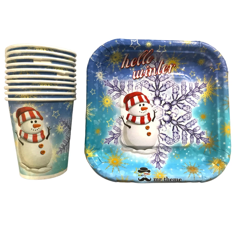 پیش دستی و لیوان یکبار مصرف مستر تم مدل ادم برفی زمستان پلاس بسته 40عددی