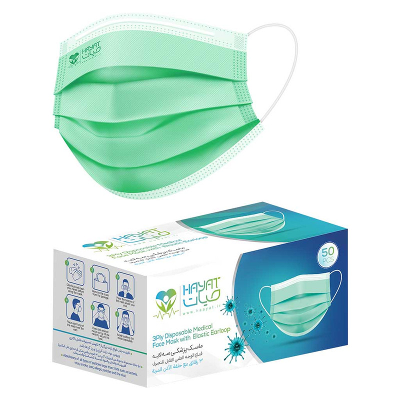 ماسک تنفسی حیات پوشش پاک مدل سه لایه بسته 50 عددی