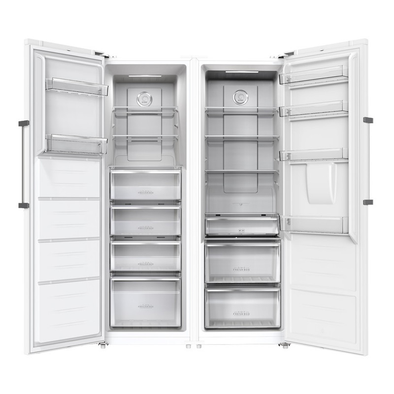 یخچال فریزر دوقلو 32 فوت جی پلاس مدل GRF-P2736-FW/LW، دارای سرمایش و انجماد سریع، با ارتفاع 185، پهنای 119 و عمق 65 سانتی متر، میزان مصرف انرژی A++، دارای 4 طبقه در یخچال و 4 کشو در فریزر