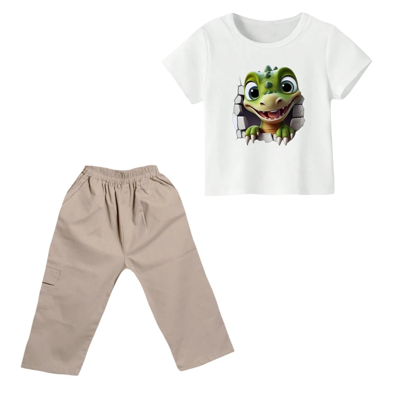 ست تی شرت و شلوارک پسرانه مدل دایناسور کد ۸ رنگ سفید