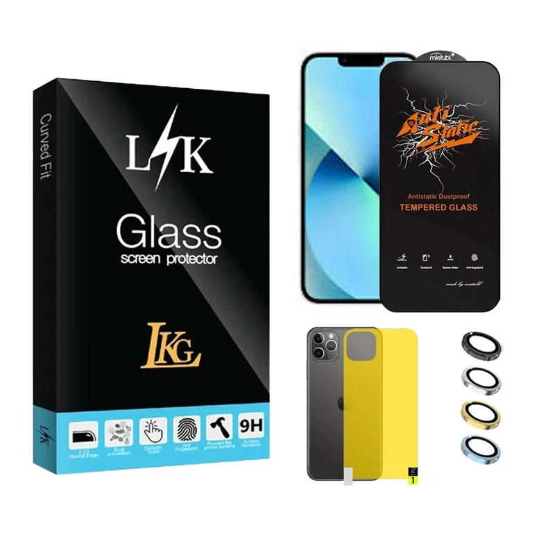 محافظ صفحه نمایش ال کا جی مدل انتی استاتیک مناسب برای گوشی موبایل اپل iPhone 13 Pro Max به همراه محافظ پشت گوشی و محافظ لنز