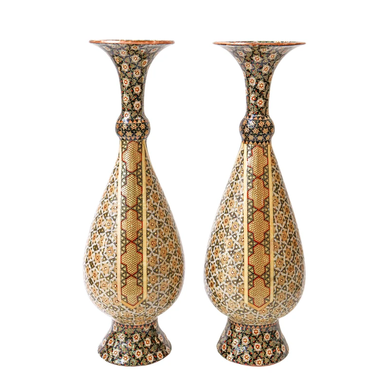 گلدان خاتم کاری مسی صنایع دستی فاخر مدل تمام خاتم طرح پرسیم کد 30p9 بسته 2 عددی 