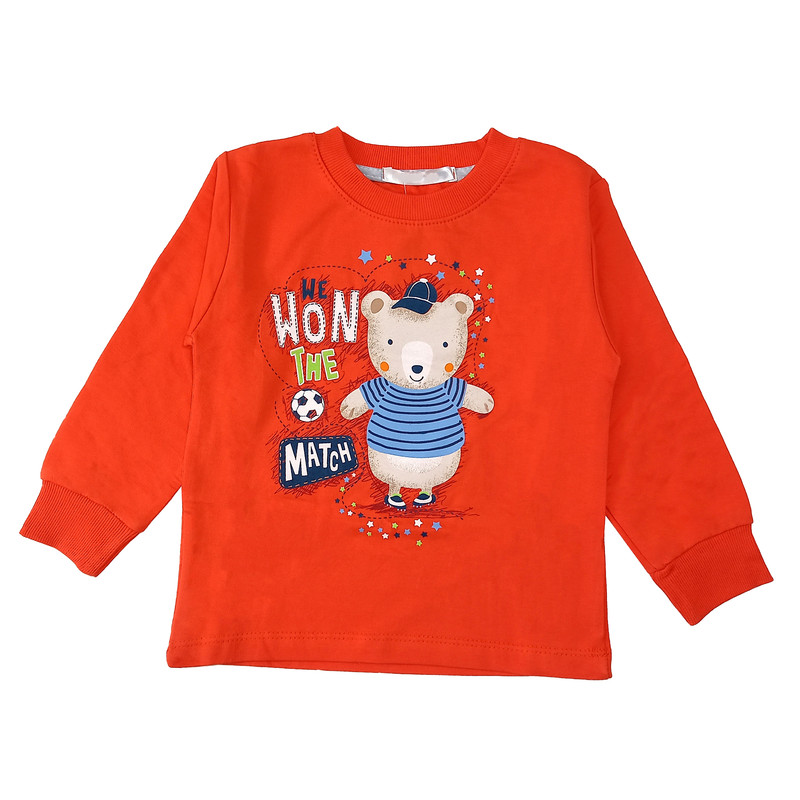 ست تی شرت و شلوار پسرانه مدل خرس فوتبالیست کد 3614 رنگ مرجانی