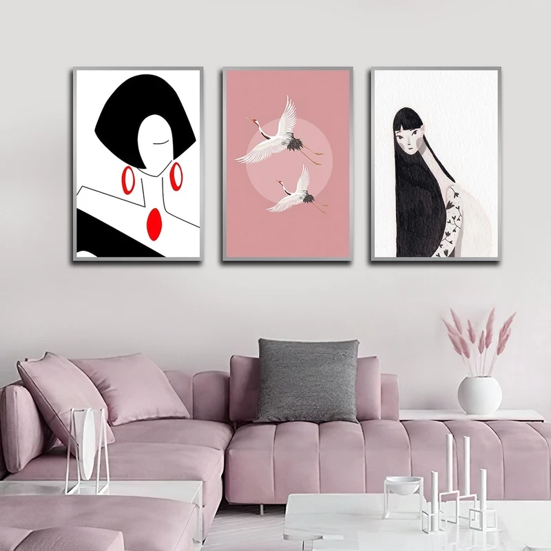تابلو ساده بکلیت طرح نقاشی مینیمال و پرنده مدل شاین اکلیلی SI-2644 فریم نقره ای مجموعه 3 عددی
