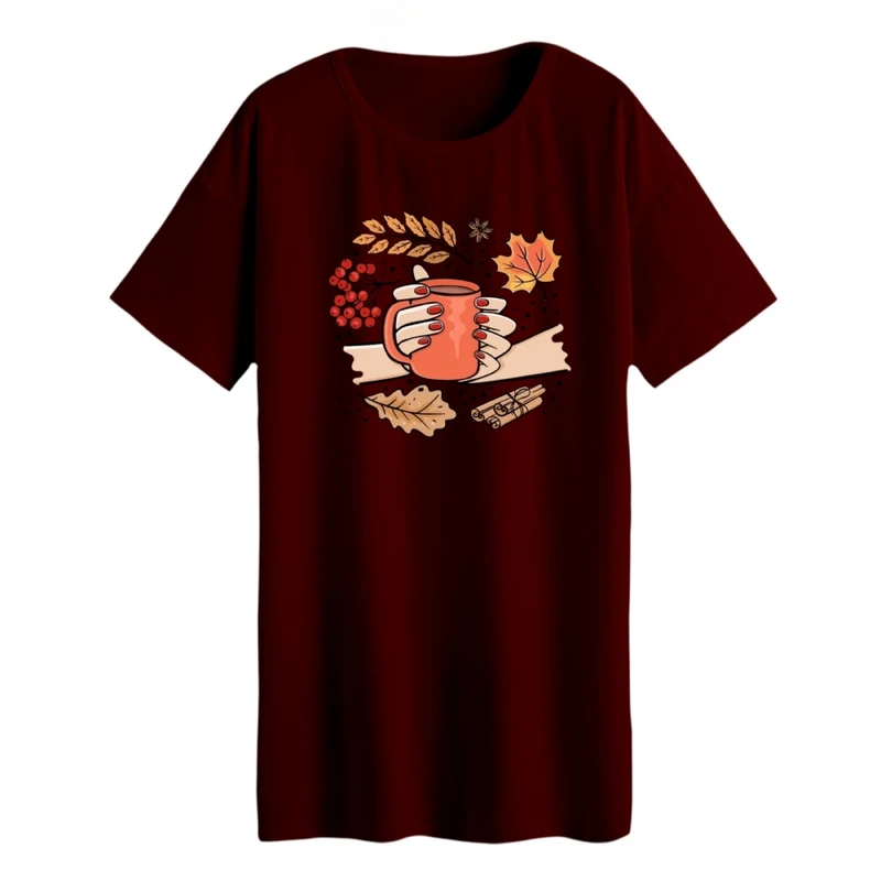 تی شرت لانگ زنانه مدل لیوان و پاییز رنگ زرشکی