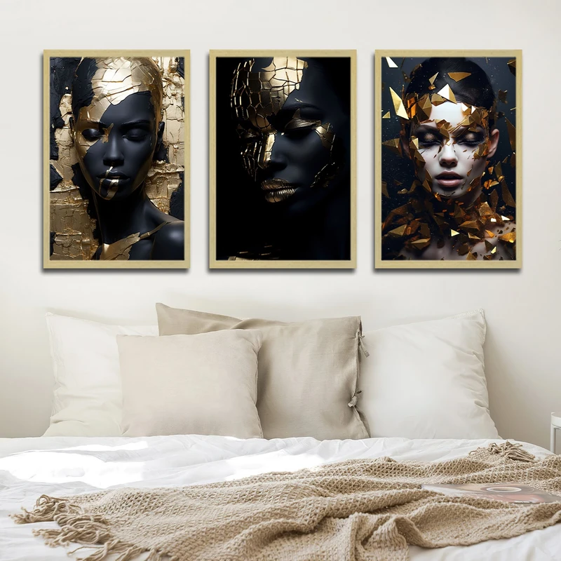 تابلو بکلیت طرح مدرن ورق طلا چهره مدل BE-1836 مجموعه 3 عددی