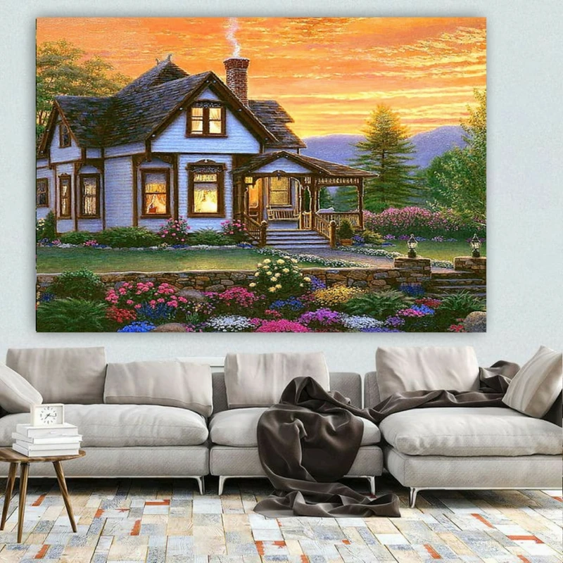 پوستر پارچه ای طرح مخمل کلبه سنگی مدل غروب خورشید کد BK24279