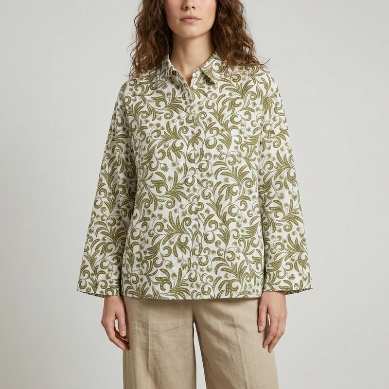 شومیز زنانه آستین بلند لینن طرح هندسی با دکمه مدل 3142