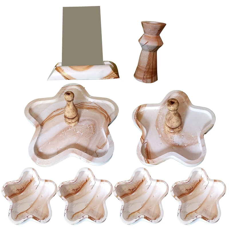 مجموعه ظروف هفت سین 9 پارچه مدل ماربل پتینه طرح ستاره دفرمه کد 63100 بهمراه آینه شمعدان