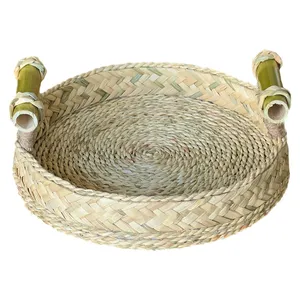 سینی حصیری مدل دسته بامبو طرح گرد کد 30cm
