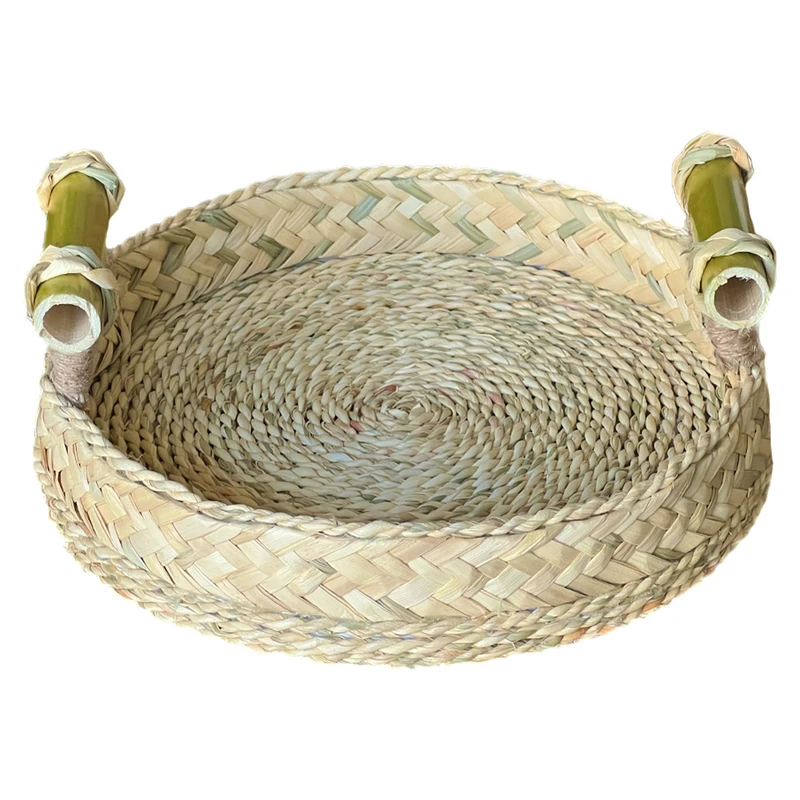 سینی حصیری مدل دسته بامبو طرح گرد کد 30cm