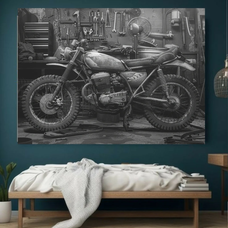 پوستر پارچه ای مخمل طرح گاراژ قدیمی مدل موتور و ابزار کد BK23184