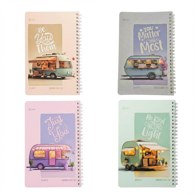 دفتر مشق ۸۰ برگ پالت طرح کاروان مدل سیمی گلاسه بسته ۴ عددی