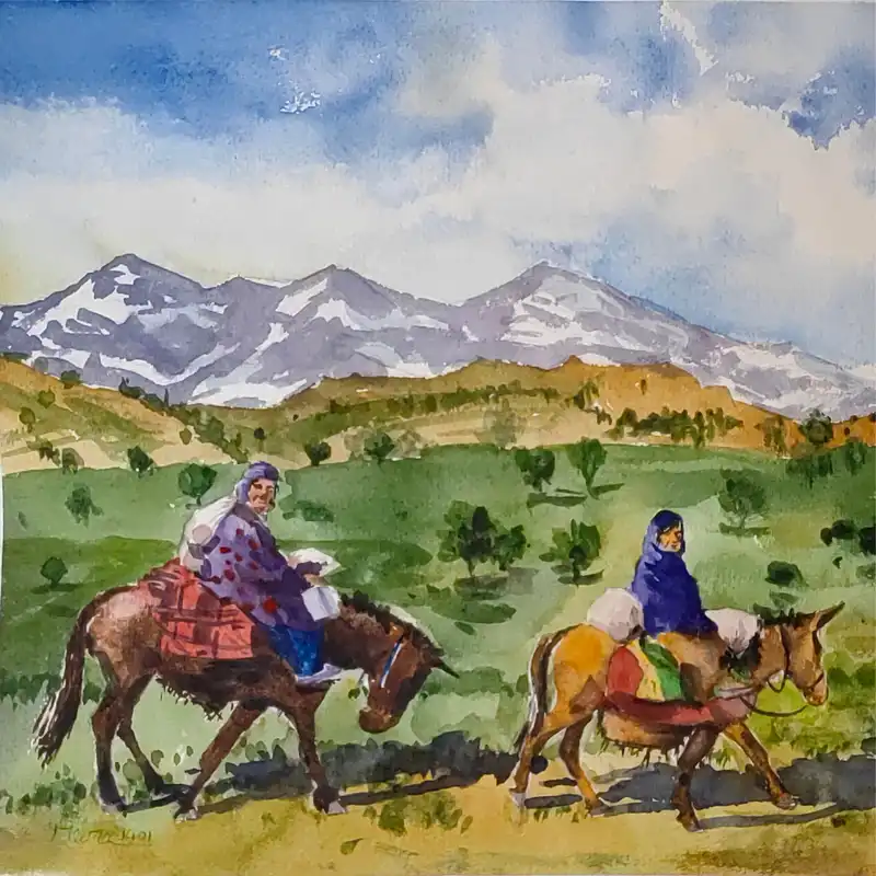 نقاشی آبرنگ طرح طبیعت عشایر کد 1029