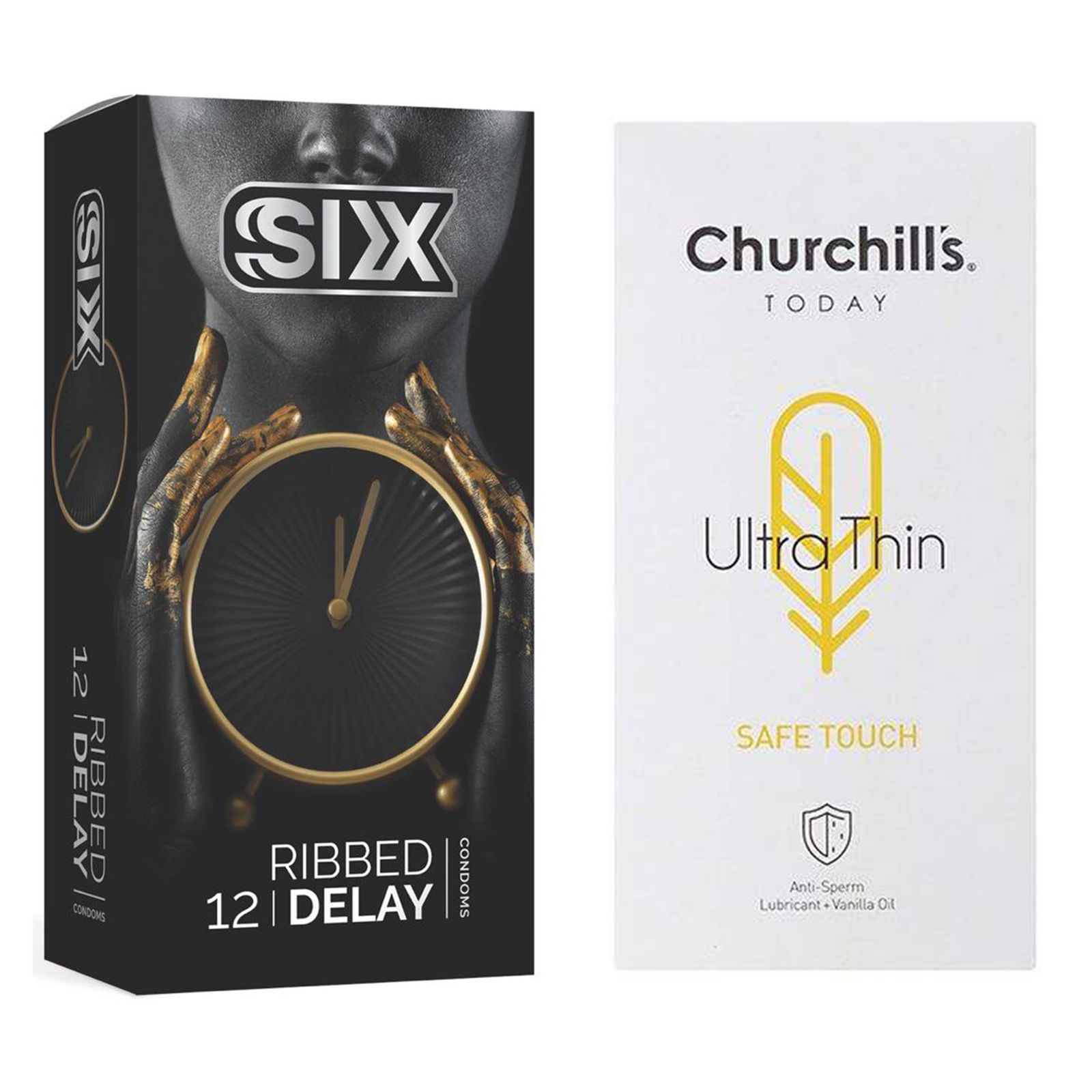 کاندوم چرچیلز مدل Safe Touch بسته 12 عددی به همراه کاندوم سیکس مدل تاخیری شیاردار بسته 12 عددی