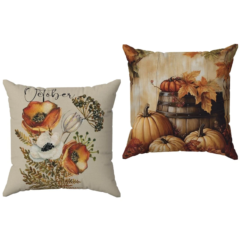 کاور کوسن مدل MC224 طرح گل پاییزی و کدو تنبل سایز 45×45 سانتی متر مجموعه 2 عددی