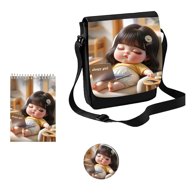 کیف رودوشی مدل دختر خوابالو کد کیوت به همراه دفتر یادداشت و پیکسل مجموعه 3 عددی