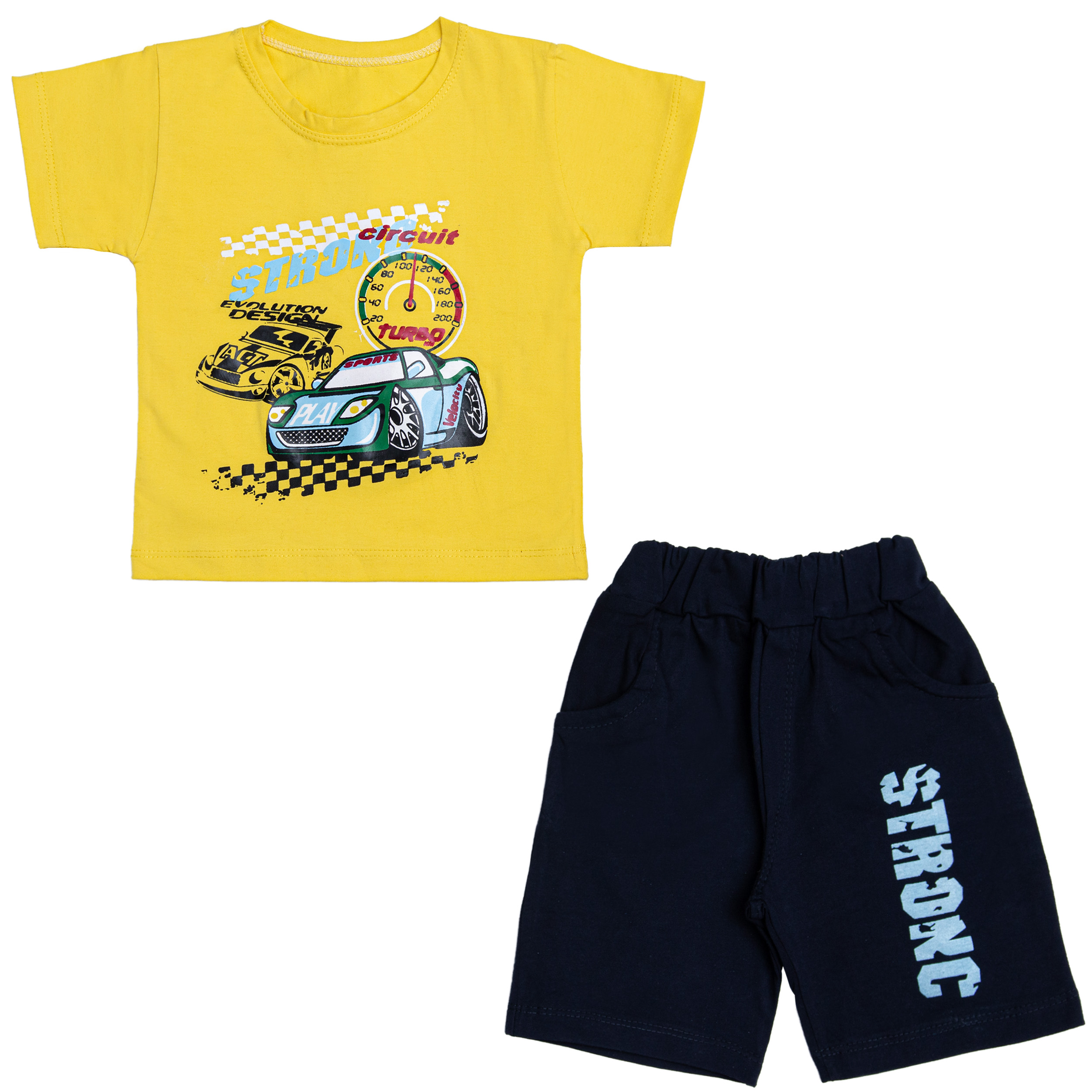 ست تی شرت و شلوارک پسرانه مدل ماشین مسابقه ای کد 112 رنگ زرد