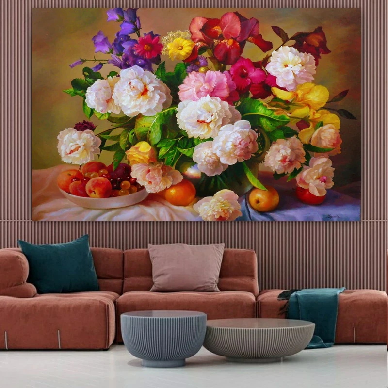تابلو بوم طرح چرم مخمل مدل گلدان گل و میوه کد BM123
