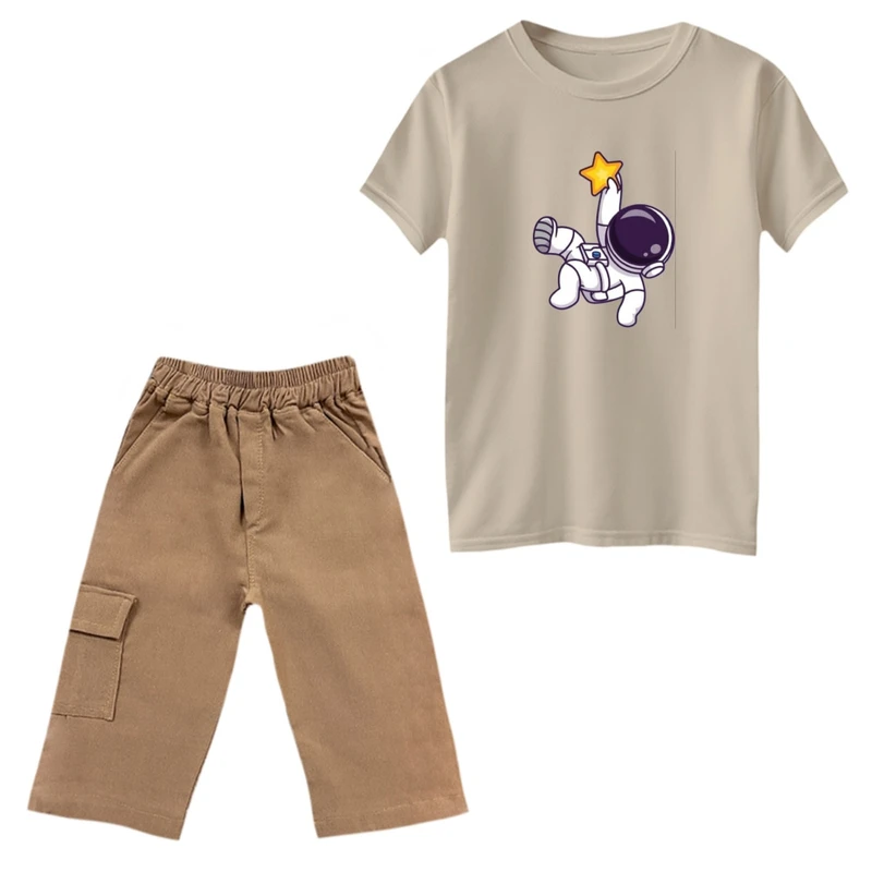 ست تی‌شرت و شلوارک پسرانه مدل فضانورد کد 5 رنگ کرم
