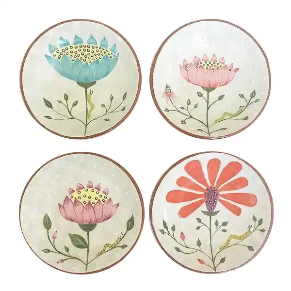 بشقاب دیوارکوب سفالی طرح چهار گل کد 11 مجموعه 4 عددی