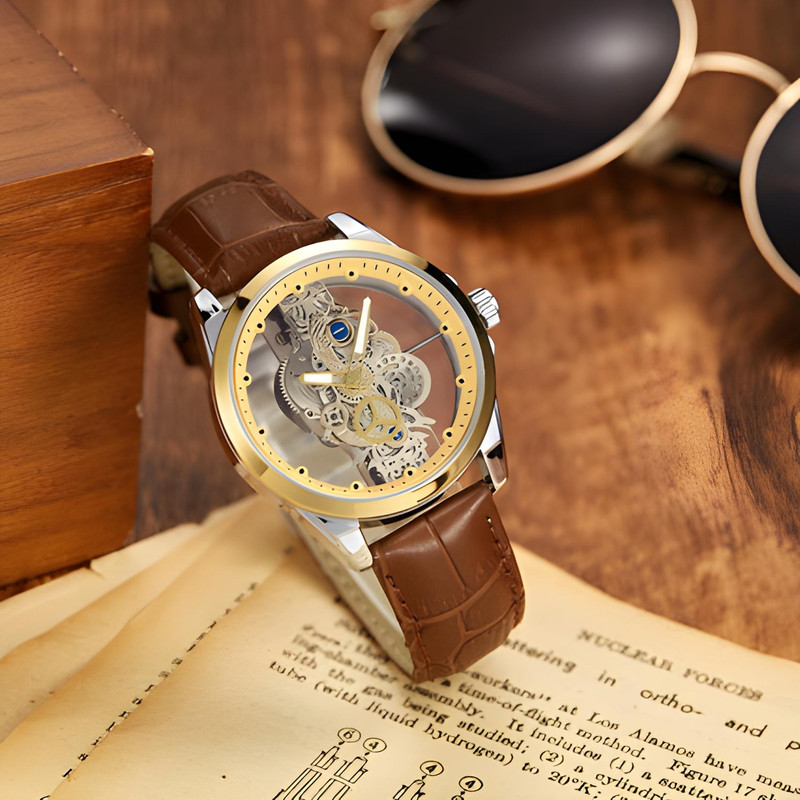 ساعت مچی عقربه‌ای مردانه مدل صفحه اسکلتون پشت شیشه ای موتور نمایان بند چرم کد 4