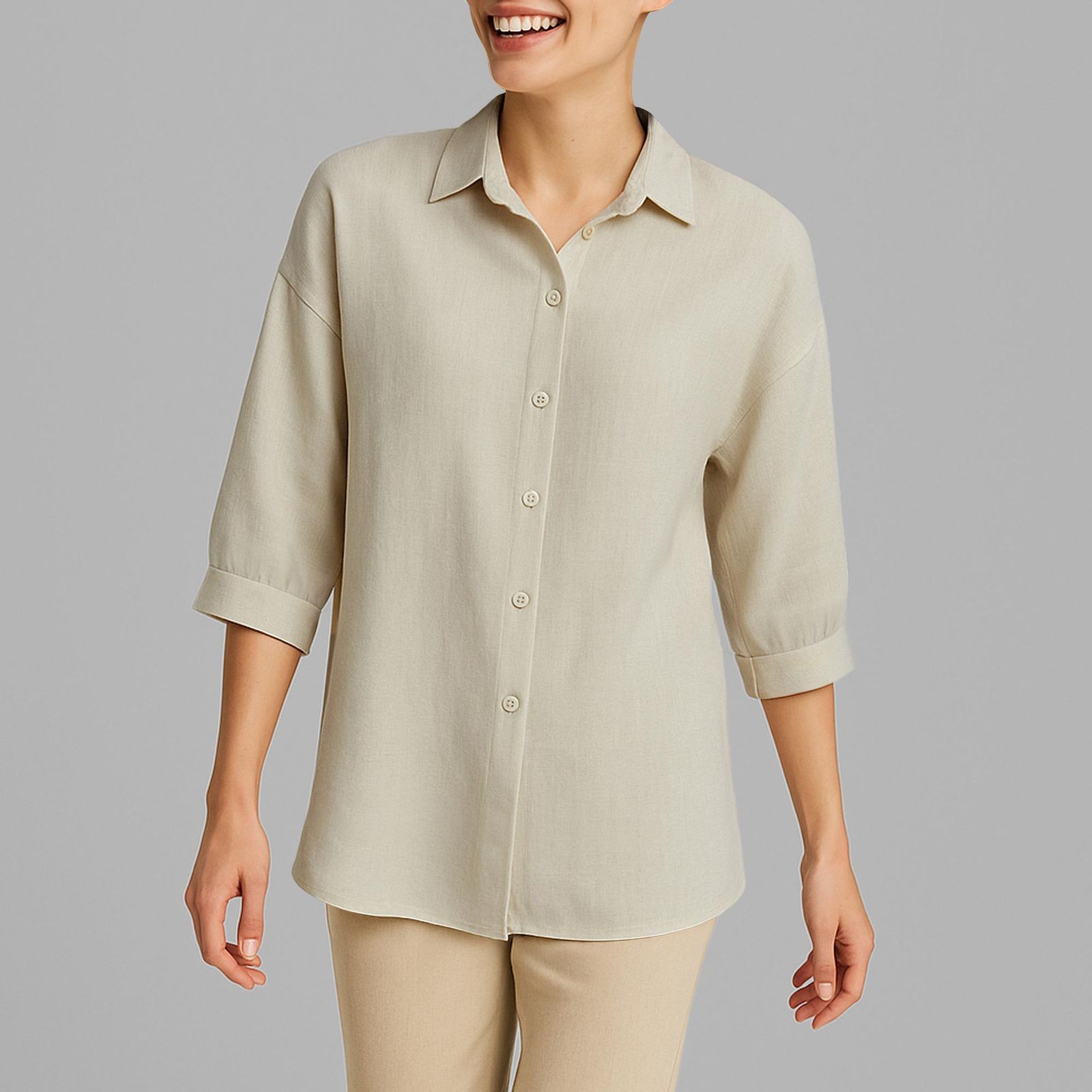 شومیز آستین سه ربع یقه برگردان زنانه نیزل مدل 1247 رنگ کرم -  - 1