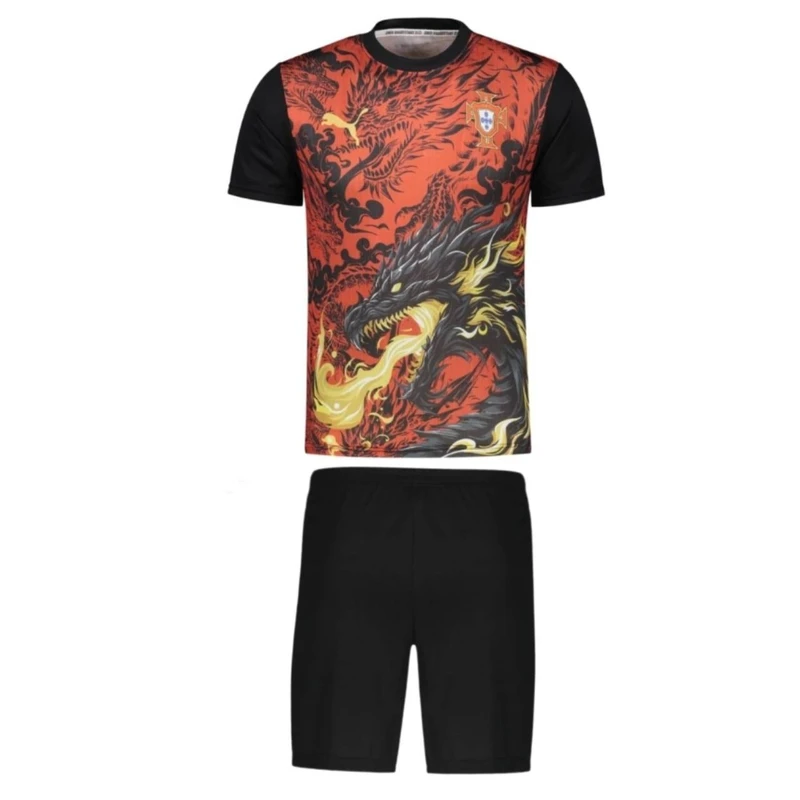 ست تی‌شرت آستین کوتاه و شلوارک ورزشی پسرانه مدل دراگون پرتغال طرح رونالدو کد 2026